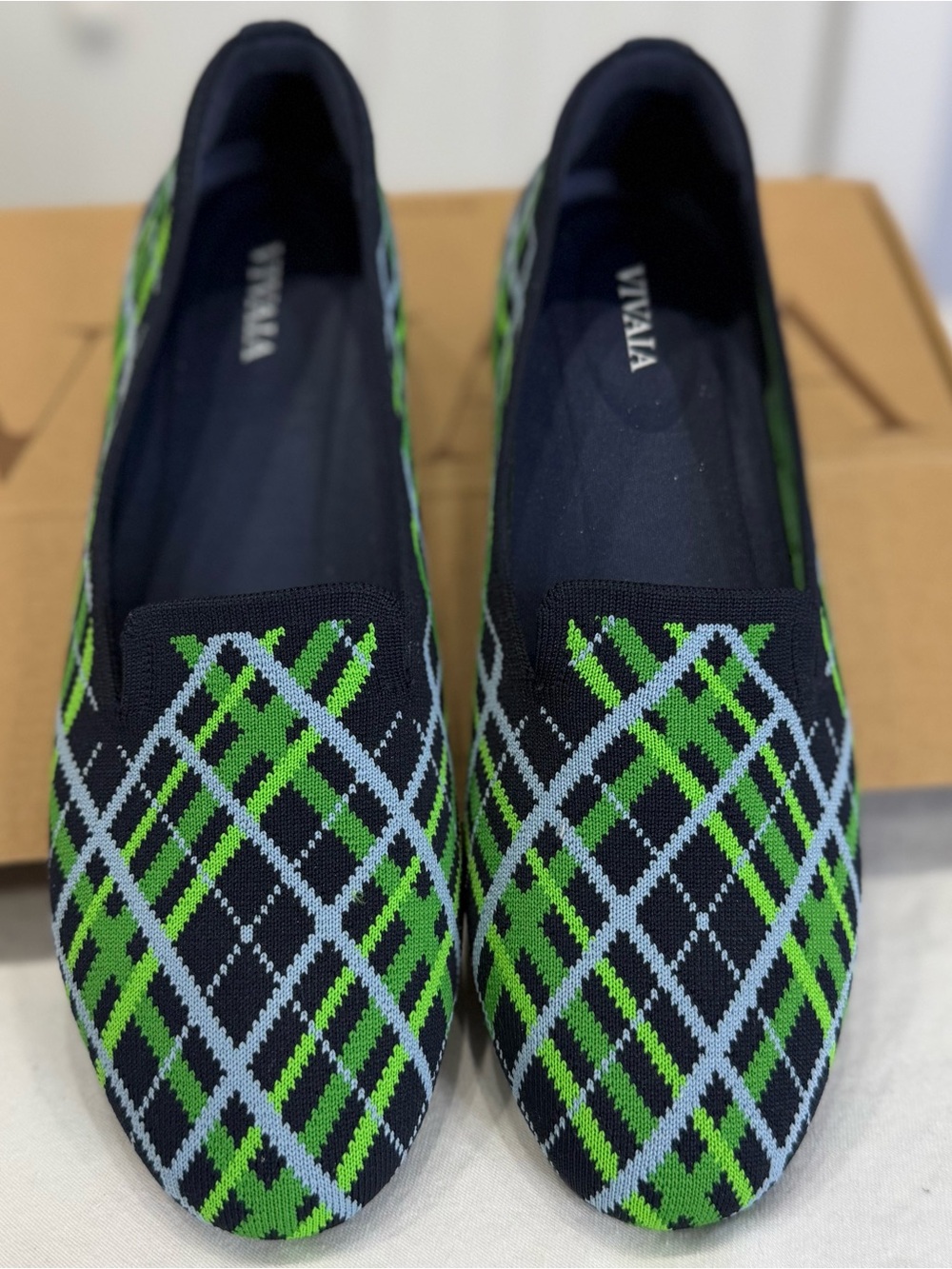 Vivaia Audrey Round Toe Green & Black Plaid Knit Loafers. Size 39.5. Like new!